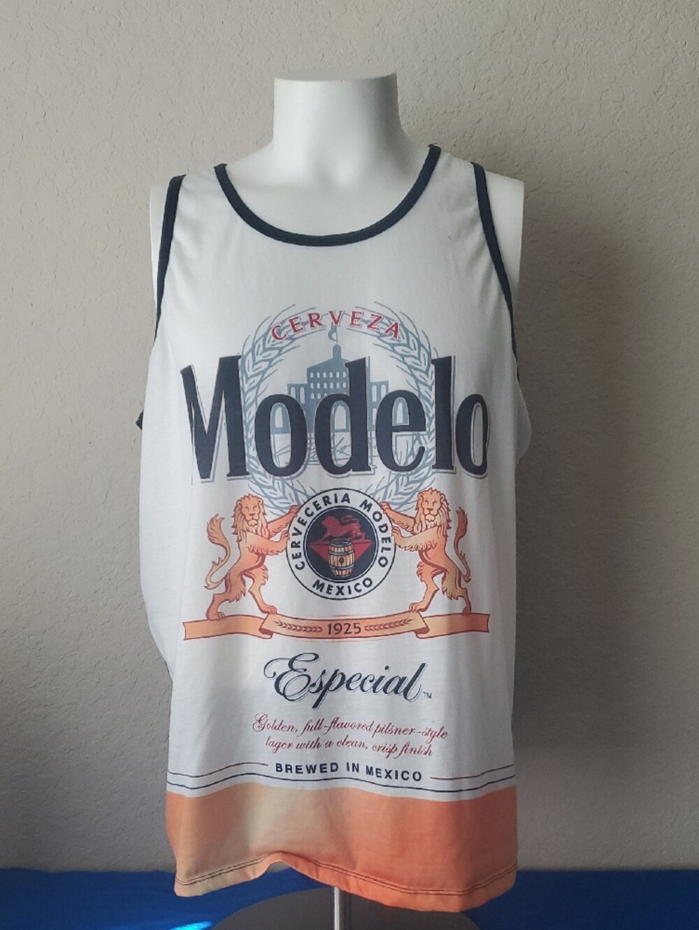 Modelo Especial Beer Tank Top Men’s XL White Graphic Ringer Sleeveless Shirt